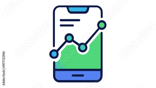 Scalable vector icon illustration of a smartphone with a rising line graph, representing mobile app analytics, data tracking, business growth, and financial statistics in a flat minimalist style.