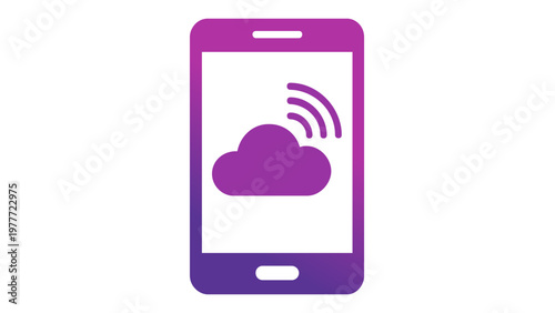 Purple gradient smartphone vector icon illustration featuring a cloud and signal waves on the screen, symbolizing mobile cloud computing, app development, wireless connectivity, and data storage.