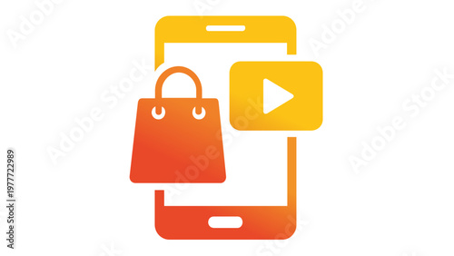 Mobile Shopping and Video Content Vector Icon Illustration, Featuring a Smartphone with a Shopping Bag and Play Button, Ideal for E-commerce Apps, Digital Marketing, and Modern Web Design Graphics