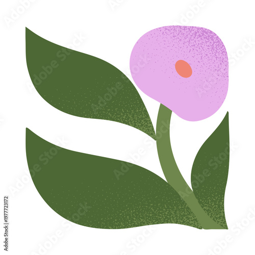 Bold purple flower with green leaves.Abstract botanical form with soft grain texture.Decorative floral element for cards,prints,branding,packaging.