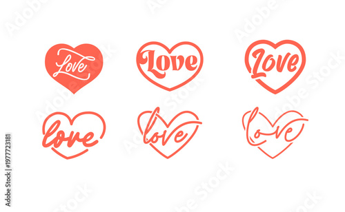 LOVE text inside a heart shape icon, hearts bundle set
