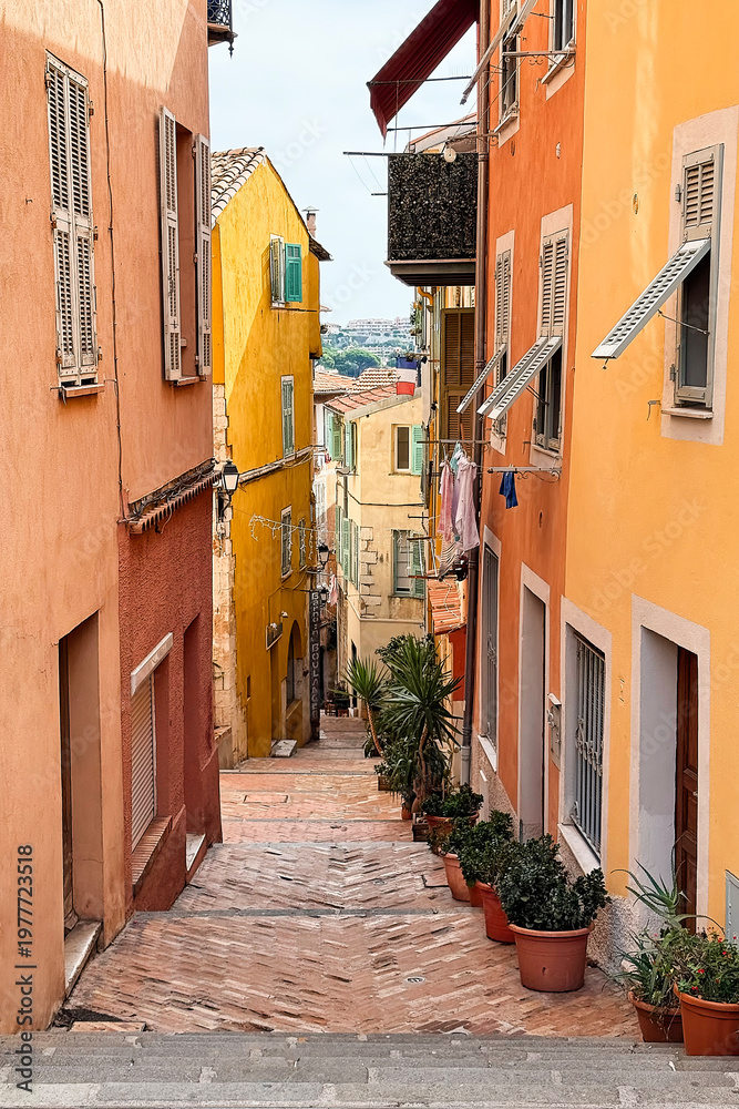 Fototapeta premium Charming narrow street with colorful houses and shutters in Villefranche-sur-Mer, France. Traditional Mediterranean architecture with warm tones and cozy travel atmosphere.
