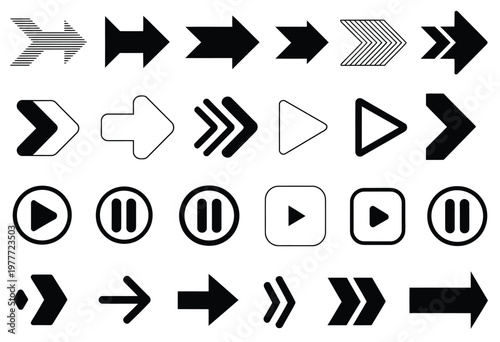 Arrow, vector icon collection with black directional symbols, representing navigation, movement, and UI controls, clean modern flat design
