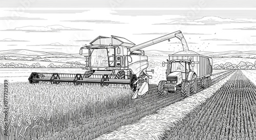 Combine harvester and tractor harvesting wheat field during golden hour, agricultural machinery in action