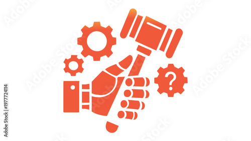 Artificial Intelligence Ethics and Law Vector Icon Illustration. Robotic hand holding a judge's gavel with gears, representing AI regulation, legal policy, automated justice, and ethical