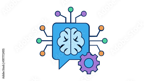 Artificial intelligence vector icon illustration with a brain in a speech bubble, circuit nodes, and a gear, symbolizing machine learning, neural networks, and cognitive computing technology.