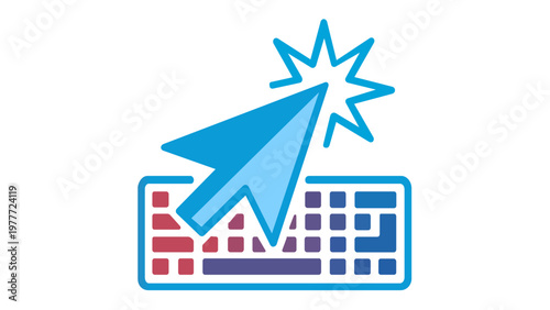 Modern AI-generated vector icon illustration featuring a sleek computer mouse cursor arrow clicking over a digital keyboard with a vibrant red and blue gradient, symbolizing technology and input.