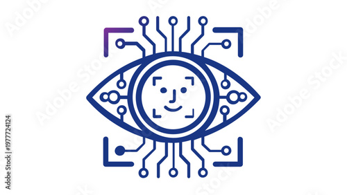 Modern artificial intelligence computer vision vector icon illustration featuring a digital eye with facial recognition scanning technology, circuit board patterns, and a purple gradient.