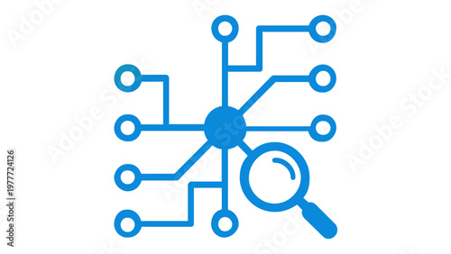 Cognitive computing vector icon illustration featuring a central neural network node connected to various data points with a magnifying glass for deep analysis, representing artificial intelligence.