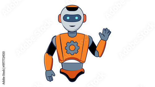 Friendly orange and grey robot waving vector illustration. AI-generated machine learning icon for technology, automation, and future concepts. Minimalist flat design character on white background.