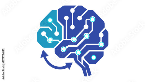 Artificial intelligence vector icon illustration of a digital brain with circuit board patterns and neural network connections, representing machine learning, deep learning, and cognitive computing.