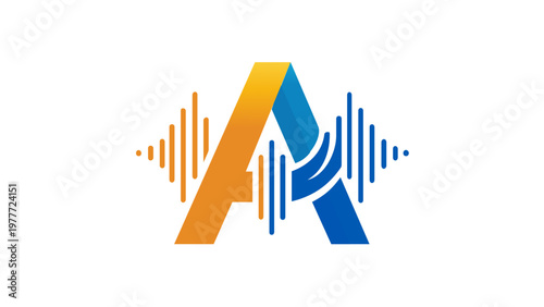 Stylized letter A vector icon with sound wave frequency bars, representing artificial intelligence, predictive modeling, and voice recognition. Minimalist flat illustration for tech apps.