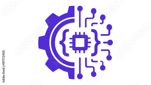 Colorful vector illustration of a cognitive computing icon featuring a gear and circuit board design with a central CPU chip and code braces, representing AI technology and machine learning.