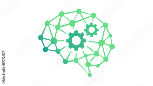 Artificial Intelligence brain vector icon illustration with neural network nodes and gears, symbolizing machine learning, smart technology, cognitive computing, and digital logic processing.