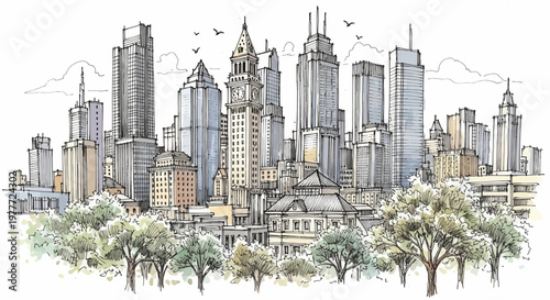 Cityscape Sketch: Boston Skyline with Trees and Birds