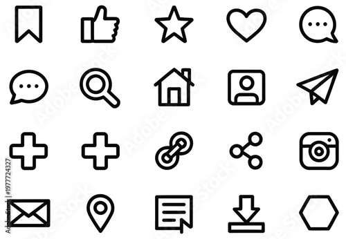 Social, media line icon set featuring SNS symbols, web and app communication concept, modern vector