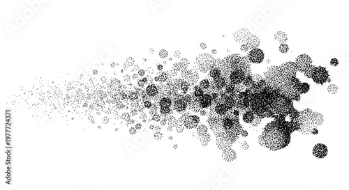 Abstract particle explosion, dust cloud, ink splash, black and white, chaotic motion