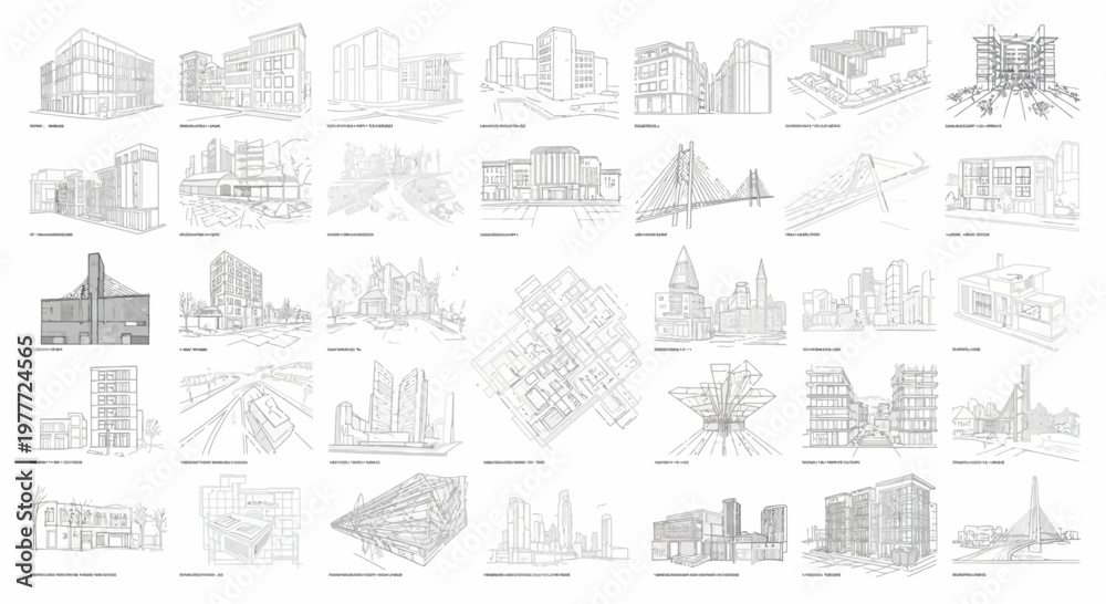 Obraz premium Architectural Sketches Collage: Diverse Building Designs and Cityscapes