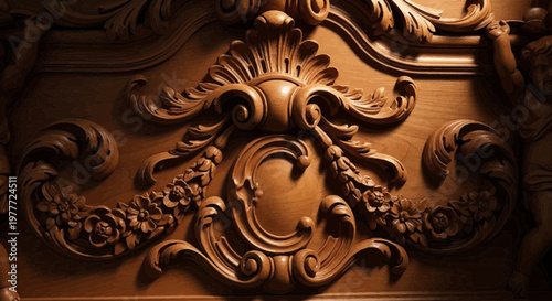 Antique wood carving detail, ornate baroque floral pattern, vintage furniture element