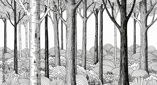 Black and White Forest Illustration: Birch Tree and Dense Woods, Hand-Drawn Style