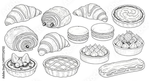 Assortment of Delicious Baked Goods: Croissants, Tarts, Eclairs, Macarons - Hand-Drawn Sketch