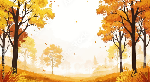 Autumn Forest Landscape with Falling Leaves and Golden Foliage