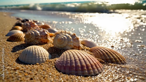 Wallpaper Mural Seashells on sandy beach with ocean waves in bright sun Torontodigital.ca