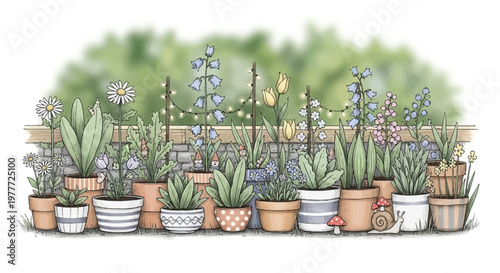 Charming Potted Plants Garden Border with Fairy Lights and Snail