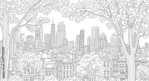 Detailed Cityscape Drawing: Urban Skyline with Trees and Buildings
