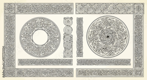 Celtic Knot Border Design Elements: Circular Ornaments and Linear Patterns