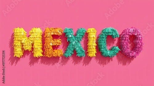 Colorful Piñata Letters Spelling Mexico on Pink Background for Cinco de Mayo Designs, Travel Promotions, and Festive Mexican Branding