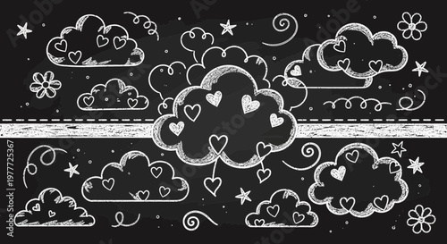 Chalkboard Clouds with Hearts and Stars - Romantic Doodle Art