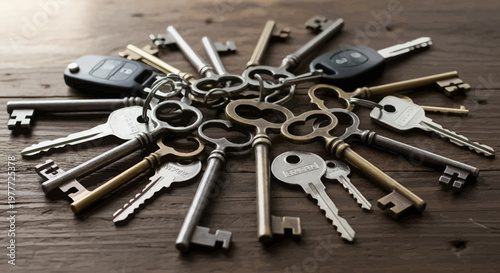 Collection of antique and modern keys, car keys, and old keys on a wooden background