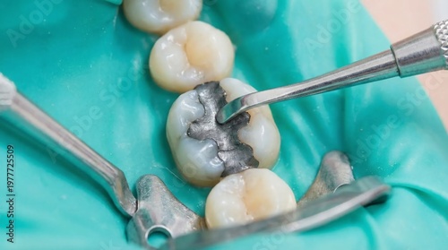 Close up of dental procedure on molar tooth with amalgam filling using rubber dam.