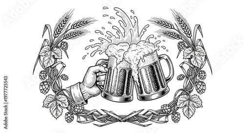 Cheers! Vintage Illustration of Two Beer Mugs Clinking in Hops and Wheat Garland