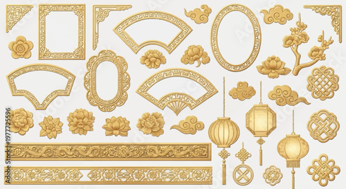 Golden Chinese Ornaments: Lanterns, Fans, Frames, Clouds, Flowers, Borders