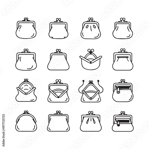 Assortment of coin purse outlines with clasps and zippers in a grid format
