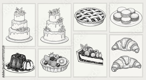 Dessert Assortment: Cakes, Pie, Macarons, Tart, Croissants, Puddings - Hand-Drawn Sketch