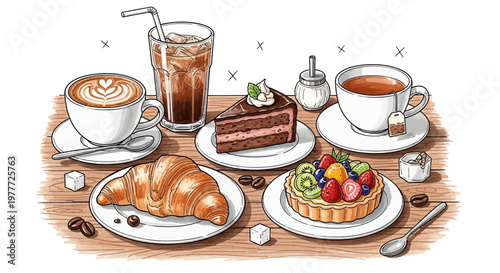 Delicious Pastries and Hot Beverages: Croissant, Cake Slice, Fruit Tart, Coffee, Tea