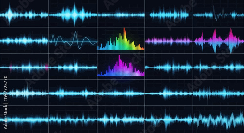 Digital Sound Waveforms and Spectrograms Montage on Dark Grid Background