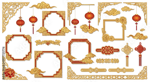 Chinese New Year Ornate Golden Frames, Lanterns, Clouds, Knots, Decorative Elements