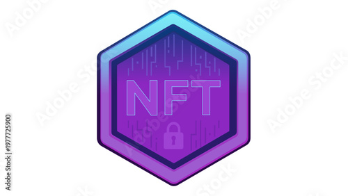 AI-generated vector icon illustration of a digital NFT token badge with a secure padlock symbol and circuit board patterns in a hexagonal frame, perfect for blockchain and crypto apps.