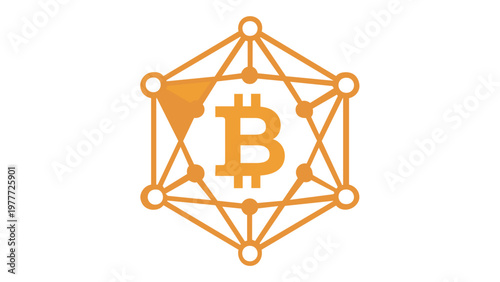 Golden Bitcoin symbol inside a hexagonal blockchain network node structure, representing distributed ledger technology and cryptocurrency, flat minimalist vector icon illustration.