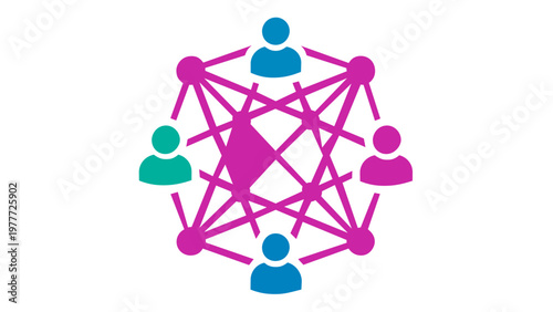 Decentralized blockchain network vector illustration with a mesh of connected people icons. Minimalist flat design representing smart contracts, peer-to-peer tech, and digital social connectivity.