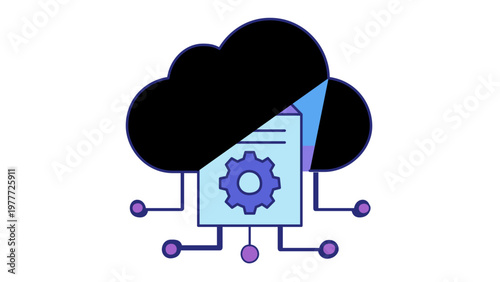 Scalable vector icon illustration of blockchain security and cloud computing, featuring a digital document with a gear for data processing, circuit nodes, and a sleek minimalist design.