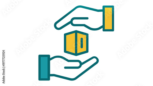 Peer-to-peer blockchain technology vector icon illustration featuring two hands protecting a digital asset cube. Minimalist flat design with teal and yellow gradient for crypto and finance apps.