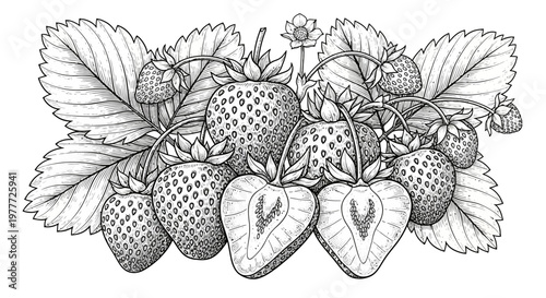 Fresh Strawberries and Leaves Sketch - Hand Drawn Botanical Illustration