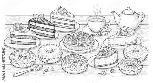 Hand-drawn sketch of assorted cakes, donuts, and tea set on a wooden table