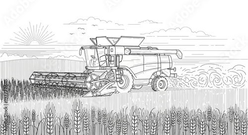 Combine harvester working in a wheat field at sunrise, agricultural harvest scene, line art.