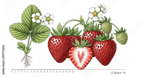 Fresh Strawberries on Plant with Flowers and Unripe Fruits, Botanical Illustration with Scale